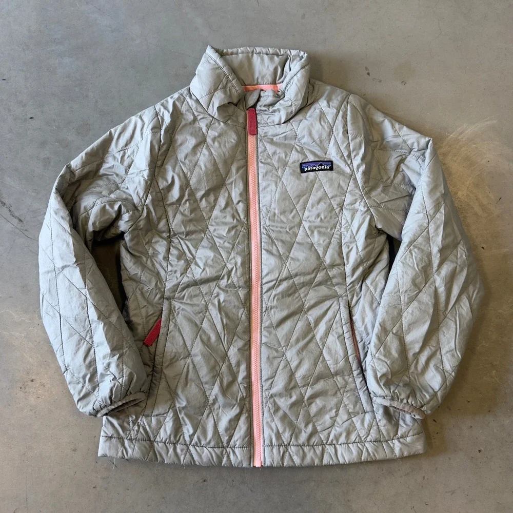 Patagonia Kids Small 7-8 Gray Quilted Full Zip Puffer Jacket Pink Trim